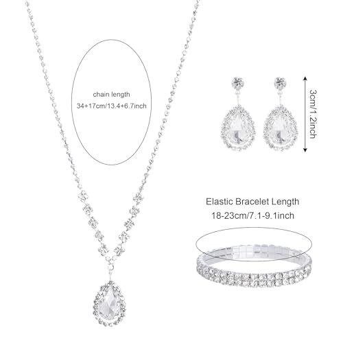 Women Jewelry Set Silver Necklace Earrings Bracelet Rhinestone Crystal Bridal Wedding Jewelry Sets for Brides Bridesmaid Wedding Party - Image 3
