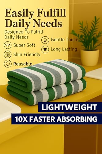 Image of Cortina Stripe Printed Microfiber Towels for Bath Large Size-Super Soft Coral Fleece Bathing Towel with Hook Quick Dry Super Absorbent-Bath Towel for Men and Women-70x140 cm [ Green ]