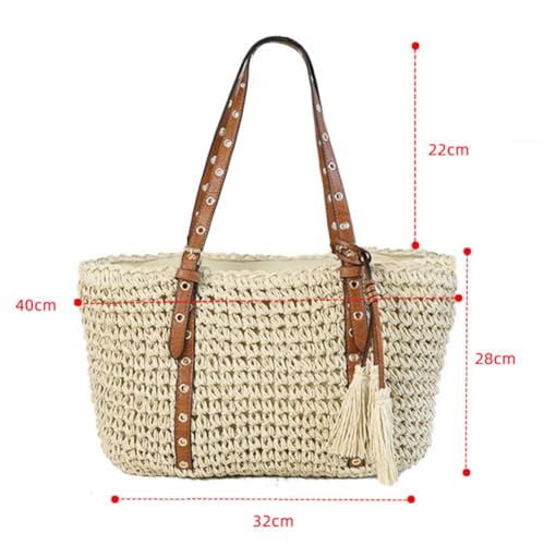 Bolso de hombro tejido de paja con tachas para mujer miniatura 4