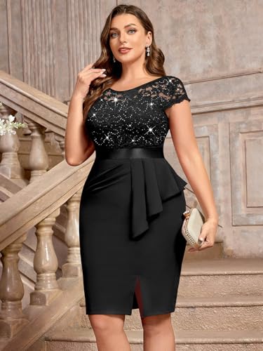 MISSMAY Women's Plus Size Sequin Floral Lace Ruffle Split Elegant Cocktail Party Dress4