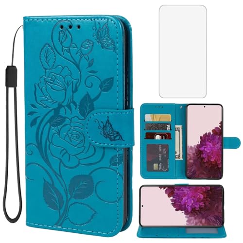 Vavies Case for Galaxy S22 Plus Case,Samsung S22+ 5G SM-S906U Wallet Case with Tempered Glass Screen Protector, Flower Leather Flip Credit Card Holder Stand Phone Cover for Samsung Galaxy S22+ 5G Blue