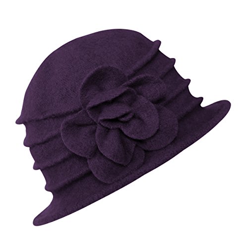 Urban GoCo Donne Elegante Fiori Beret Beanie Hat Secchio Feltro di Lana Cappello Benna Cloche Berretto (#2 Viola)