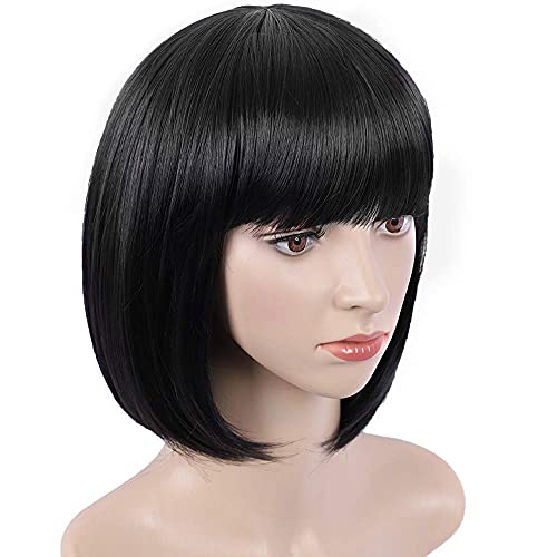 Image of Tressed Up Hair Black Wig Short Bob Wigs with Bangs for Women Straight Hair Wig Synthetic Party Wigs 12 Inch Cute Colorful Wigs, Black