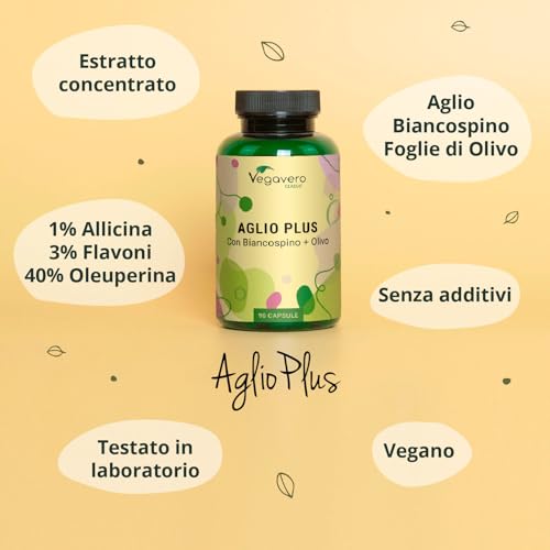Aglio + Biancospino + Ulivo Vegavero® | Estratti titolati: 1% di Allicina, 3% di Flavoni e 40% Oleuropeina | Integratore in Capsule per la Pressione Sanguigna* | Vegan - 4