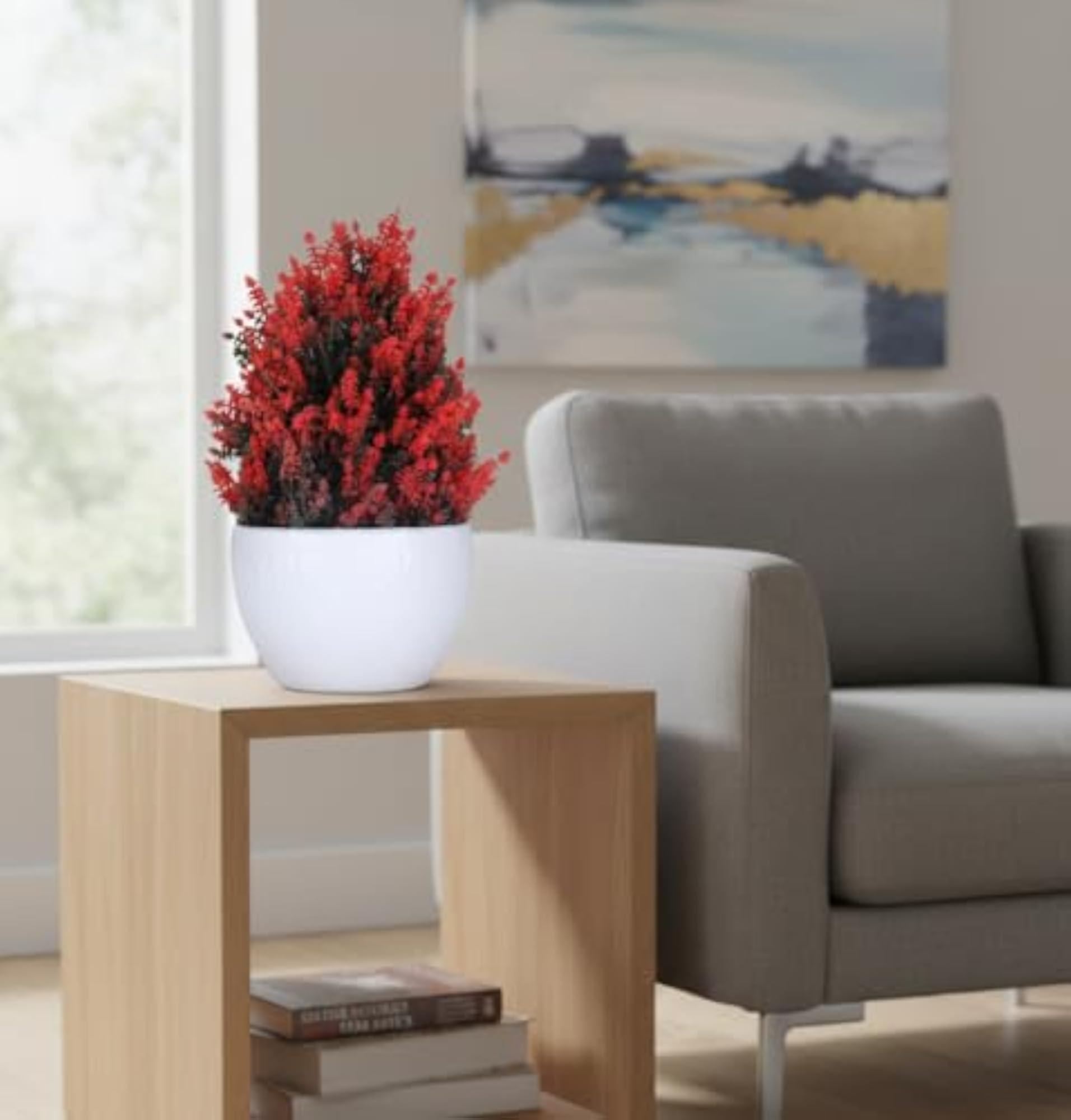 Artificial Red Thick Bush Plant in White Pot, Faux Decor