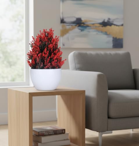 Image of Foliyaj Artificial Red Thick Bush Plant in White Pot | Faux Plants for Home Decor | Decorative Items for Living Room | Fake Plants for Decoration | 15 cm x 15 cm x 24 cm