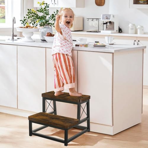 Image of 82984 Heavy Duty Wooden Step Stool for Adults, 2 Tier Heavy Duty Step Stool for High Bed with Non-Slip Feet, Using for Bedroom, Living Room, Bathroom and Kitchen