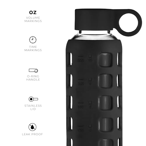 purifyou 40oz / 32oz / 22oz / 12oz Borosilicate Glass Water Bottle with Time & Volume Markers, Silicone Sleeve, Stainless Steel Lid | Reusable Glass Bottle for Water & Juice (12oz Jet Black)