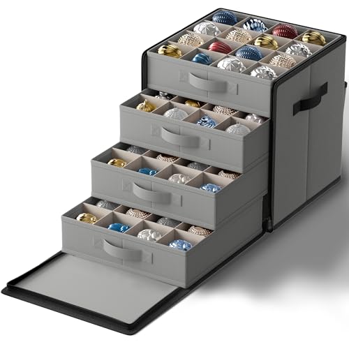 SONGMICS Christmas Ornament Storage Box, with Side Open, Stackable Christmas Storage Container with Lid, 4 Drawer Trays, 600D Oxford, 3-Inch 64 Slots, Dove Gray URFB037G01