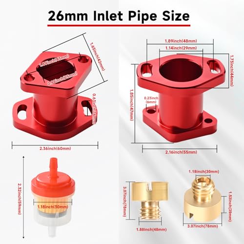 Image of VM22 Carburetor Carb Predator 212 carburetor Throttle Cable Handle Grips and Cable Set 22 mm /0.87 With 38mm Air Filter And 26mm Inlet Pipe Main Jets Kit (Red)