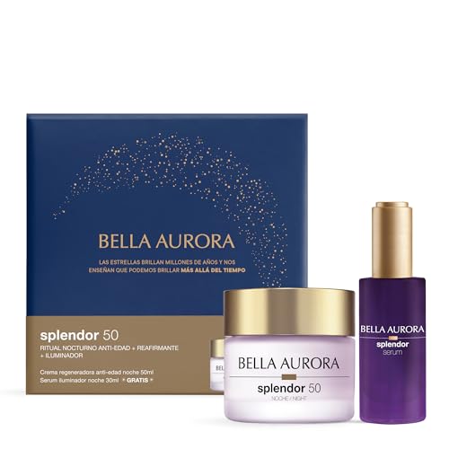 Bella Aurora Splendor 50 Pack Anti Edad, Crema Regeneradora Noche 50ml y Serum Iluminador Nocturno 30ml, Tratamiento Facial con Ácido Hialurónico para Piel Luminosa e Hidratada