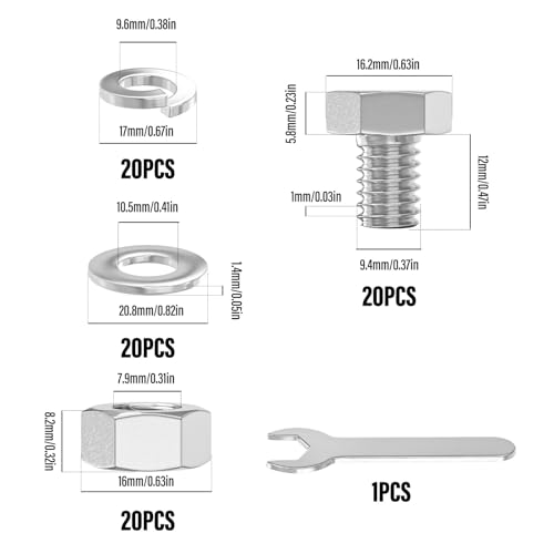 Image of 20PCS 3 /8-16 x 1 /2 inch 304 Stainless Steel Fully Threaded Bolt with Nut Flat & Lock Washers and Spanner