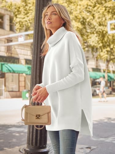 Image of LILLUSORY Women's Turtleneck Oversized Sweaters Long Batwing Sleeve Spilt Hem Tunic Pullover Knit Tops