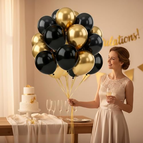 Image of Black and Gold Balloons, 70pcs 12inch Metallic Gold and Black Balloons for Graduation Anniversary Birthday Party Decoration