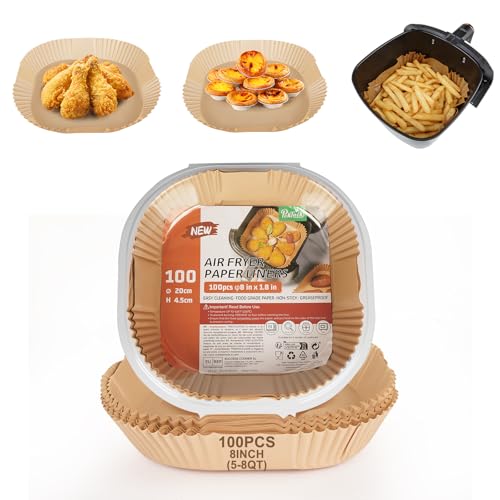Paktalk Papel de horno para freidora de aire caliente, 100 unidades de 20 – 24 cm, papel de hornear, antiadherente, impermeable, resistente al aceite, desechable, para freidora de aire caliente de 5