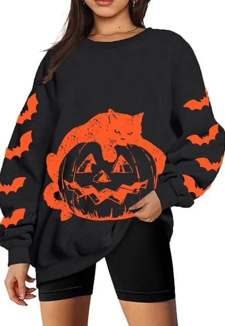 Black Cat on Pumpkin Oversized Sweatshirt Halloween Sweatshirts for Women Fall Pumpkin Face Long Sleeve Pullover Tops