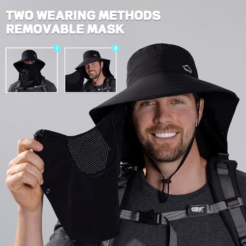 Image of Rosoz Sun Hat for Men Women with Neck Flap,Wide Brim UPF50+ Fishing Hat with Detachable Face Cover Outdoor Sun Protection Hat