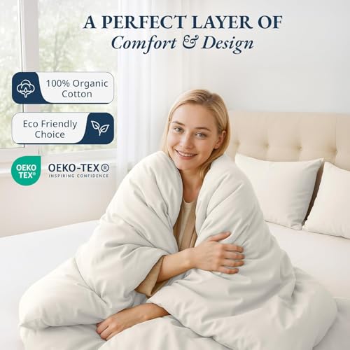 Image of LANE LINEN Organic Cotton Single Duvet Cover Set, White 2-Piece Set (1 Duvet Cover, 1 Pillow Sham), Pure Organic Long Staple Cotton, Breathable, Button Closure Comforter Cover