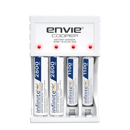 Image of ENVIE (ECR 20MC+2800+1100) Standard Charger ECR 20 MC for AA & AAA Ni-mh /Ni-Cd Rechargeable Batteries | LED Indicator | 600MA Output Current | with 2xAA2800 & 2xAAA1100 Rechargeable Batteries
