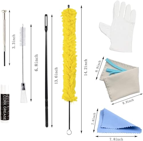Flute Cleaning Kit Include 1pc Cotton Cleaning Brush, Flute Swab, Double-End Dust Brush,Flute Cleaning Rod, Screwdriver for Flute Repairing,Cork Grease, a Pair Cotton Gloves, 2pcs Flute Cleaning Cloth