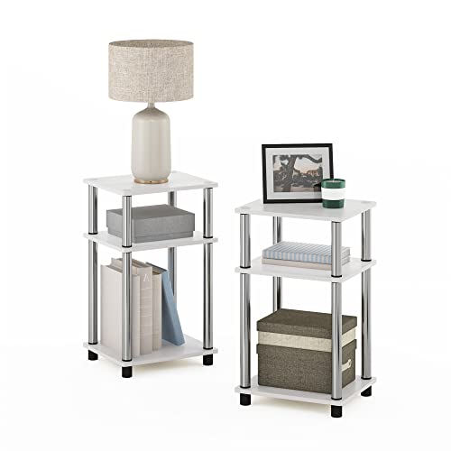 Image of Furinno JUST Side Table Set of 2, 3-Tier Modern End Tables, Toolless Assembly Night Stand, Nightstand, Toolless Assembly, for Living Room, Bedroom, White Oak /Stainless Steel