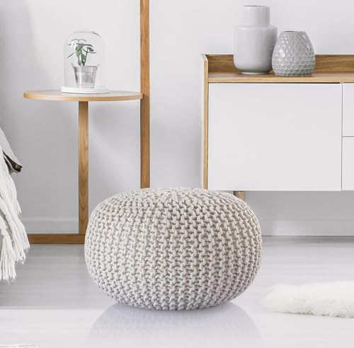 Image of Pouf Puffy for Living Room Sitting Round Ottoman Bean Filled Stool for Foot Rest - Hand Knitted Cable Style Dori Pouf - 20 Dia x 14 High (Yellow)