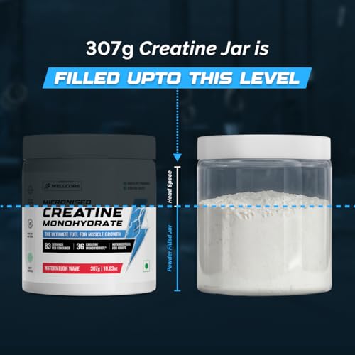 Image of Wellcore Pure Micronised Creatine Powder With Shaker (83 Servings, Watermelon Wave) For Enhanced Muscle Strength With Rapid Absorption | Creatine Monohydrate | Wellcore Creatine Flavoured - 307g