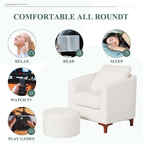 Colamy Sherpa Accent Chair With Ottoman Set, Upholstered Barrel Club Arm Chair With Footrest, Modern Living Room Chair With Back Pillow And Wooden Legs For Bedroom, Corner, Reading Nook, Cream #TOP6