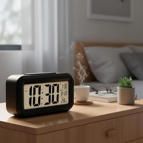 Image of Digital Alarm Clock for Heavy Sleepers, Digital Clock Table Clock for Study Table, Students, Office | Alarm Clock for Bedroom with Loud Sound, Automatic Sensor,Date & Temperature (Black, Medium)