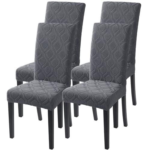 Image of SearchI Dining Room Chair Covers Set of 4, Stretch Jacquard Parsons Chair Slipcovers Spandex Removable Washable Kitchen Chair Protector Cover for Dining Room, Hotel, Ceremony (Grey)