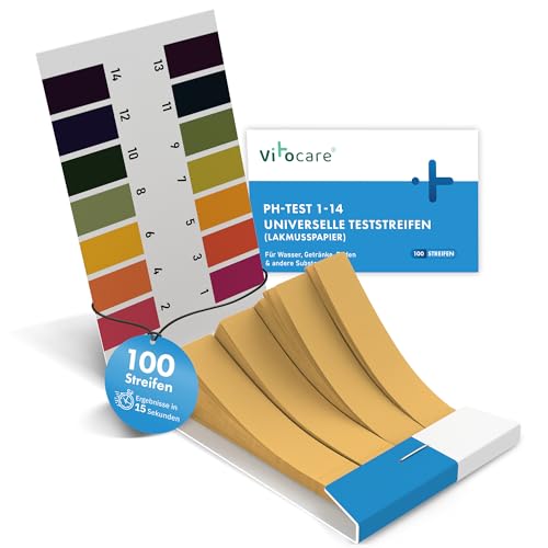 vitocare 100x pH Teststreifen – Zuhause Test für Säure und Base mit pH Teststreifen aus Lackmuspapier, Trinkwassertest & Aquarium Teststreifen, pH Streifen für Selbsttest von Essen & Getränken
