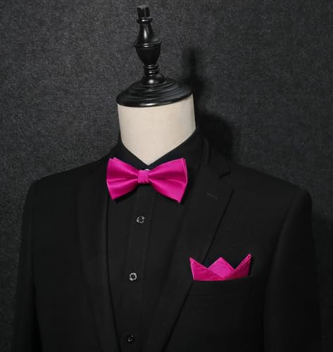 Image of HISDERN Bow Ties for Men Solid Color Pre-Tie Bow Tie and Pocket Square Set Classic Formal Tuxedo Bowties for Wedding Party