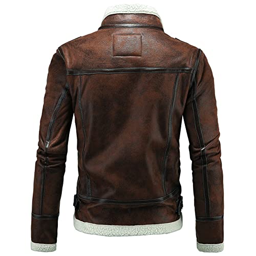AOWOFS Men's Faux Leather Jacket Brown Motorcycle Bomber Shearling Suede Stand Collar3