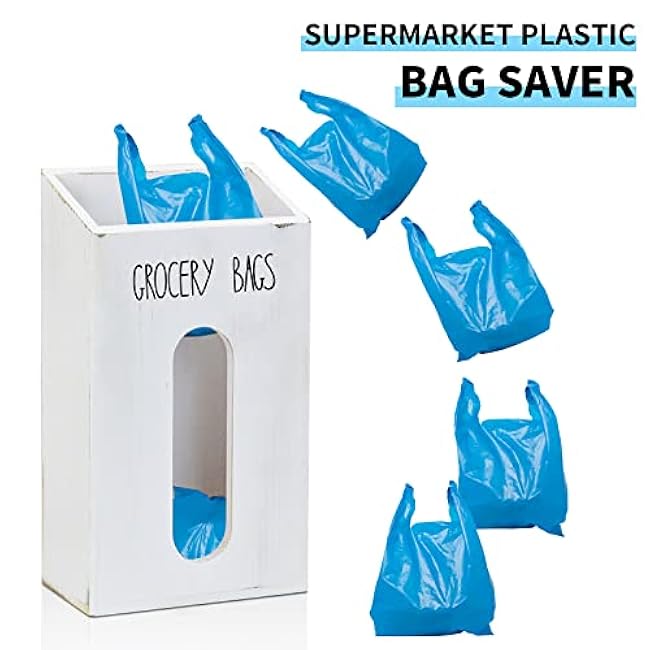 Farmhouse Grocery Bag Holder for Kitchen, Wooden Plastic Bags Holder for Supermarket shopping carrier Recycle, Wall Mounted Garbage Bag Dispenser with Extra-Wide & Easy-Access Openings, White