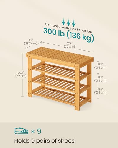 Image of SONGMICS Shoe Rack Bench, 4 Tier Bamboo Shoe Storage Organizer, Entryway Bench, for Living Room, Bathroom, Bedroom, 11.3 x 27.6 x 20.5 Inches, Light Bamboo ULBS370YL01