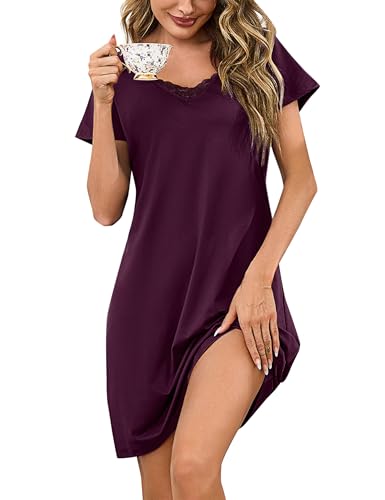 Aseniza Chemise de Nuit Femme Manche Courte Nuisette Femme en Dentelle Robe de Nuit Court Sexy Col en V Vêtements de Nuit Violet M