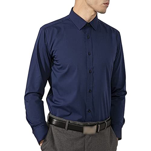 Maiyifu-Gj Men Casual Wrinkle Free Dress Shirt Regular Fit Button Down Shirts Solid Slim Fit Long Sleeve Business Shirts (Dark Blue,3X-Large) #TOP10