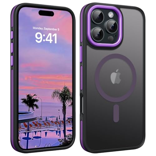 YINLAI Case for iPhone 16 Pro Max, Magnetic Case [Compatible with Magsafe] Supports Wireless Charging Slim Translucent Matte Women Men Shockproof Protective Back Phone Cover 6.9 Inch,Black/Purple