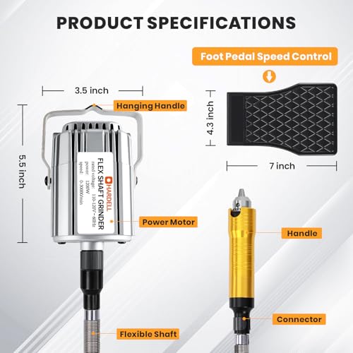 1200W Flex Shaft Grinder, 30000RPM Variable Speed Flex Shaft Rotary Tool Kit with 46pcs Accessories, 0-1/4" Universal Chuck Hanging Grinder for Polishing, Carving, Silver, Wood, DIY Creating