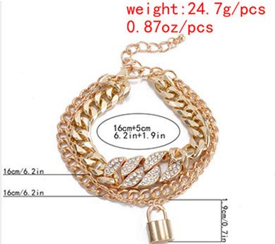 Colorful Bling Shiny Hip Hop Rhinestone Cuban Link Chain Lock Pendant Necklace With Bracelet Set Punk Cubic Zircon Layered Choker Necklace For Women Unisex Jewelry-A Gold #TOP7