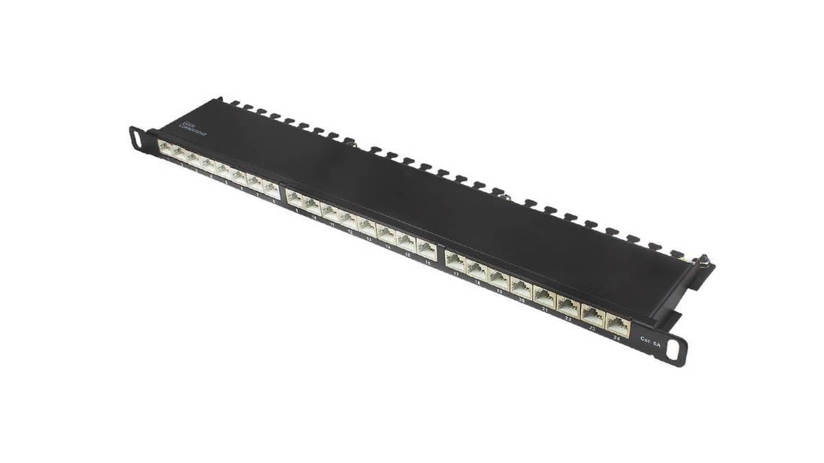 Good Connections® Panneau de Brassage - 19" - Montage sur Serveur - Cat. 6A, 500 MHz - Compatible 10 GIGABIT - 24 Ports - 0,5 HE - Blindage STP - Ouverture sans Outil - Noir Profond (RAL9005)