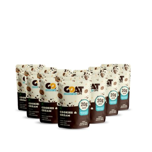 Image of GOAT Life Overnight Oats | 20g Protein | High Fibre | Nutrient-Rich | No Sugar | Gluten-Free & Vegan | Supports Weight Management & Muscle Recovery | Instant Breakfast (Cookies & Cream, Pack of 7)