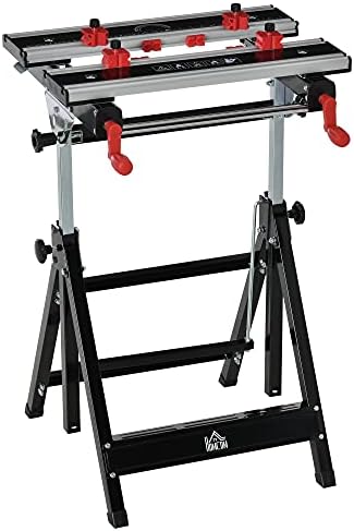 HOMCOM Foldable Work Bench Tool Stand with Adjustable Height and Clamps, Carpenter Saw Table, Heavy Duty Steel Frame, 100kg Capacity
