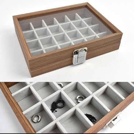 Image of KRISHYAM Wooden Jewelry Box Jewellery Case with Glass Lid, 24 Grid Jewelry Organizer with Lock for Rings, Earrings