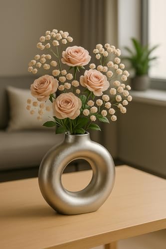 Image of Amazon Basics Artisan Crafted Ceramic Donut Shaped Vase for Unique Home Decor (9L cm x 4W cm x 16H cm) - Pack of 1, Silver