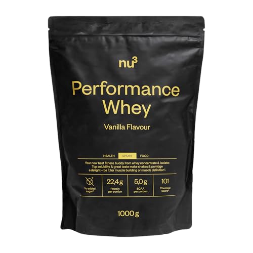 nu3 Performance Whey Protein Vanille 1kg – Eiweißpulver für Muskelaufbau, cremig, ohne Klümpchen, gelatinefrei, ohne Zuckerzusatz, kalorienfrei, löslich in Wasser & Milch, ideal für Sportler - 1000 g
