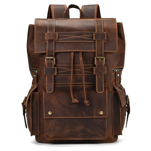 Mens Backpack Leather Backpack Vintage Leather Shoulder Backpack Travel Bag for Camping Outdoor Sport,Coffee-45x33x16cm