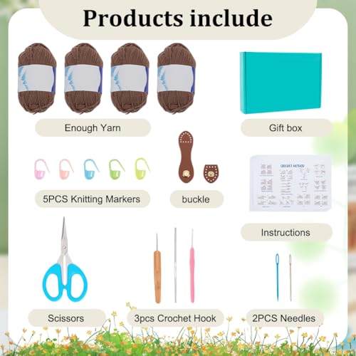 Image of ACRNIGHEET Beach Bag Crochet Kit for Beginners Brown Crochet Bag Making Kit for Women Knitting Supplies Kits DIY Craft Kits for Adults with Video Guide Tutorial Boho Style Gift Ideas