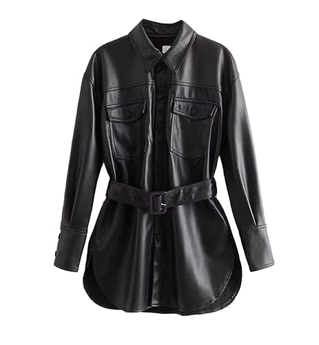 Veste en simili cuir pour femme avec ceinture et coupe ample vintage