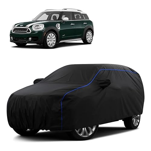 Image of Sulfar 100% Water Resistant Car Body Cover Compatible with Mirror for BMW Countryman (Triple Stitched, Full Bottom Elastic, Black Tafetta with Blue Piping)